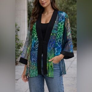 Simply Silk Sheer Silk Blend Kimono Jacket Blue Green Print Size L